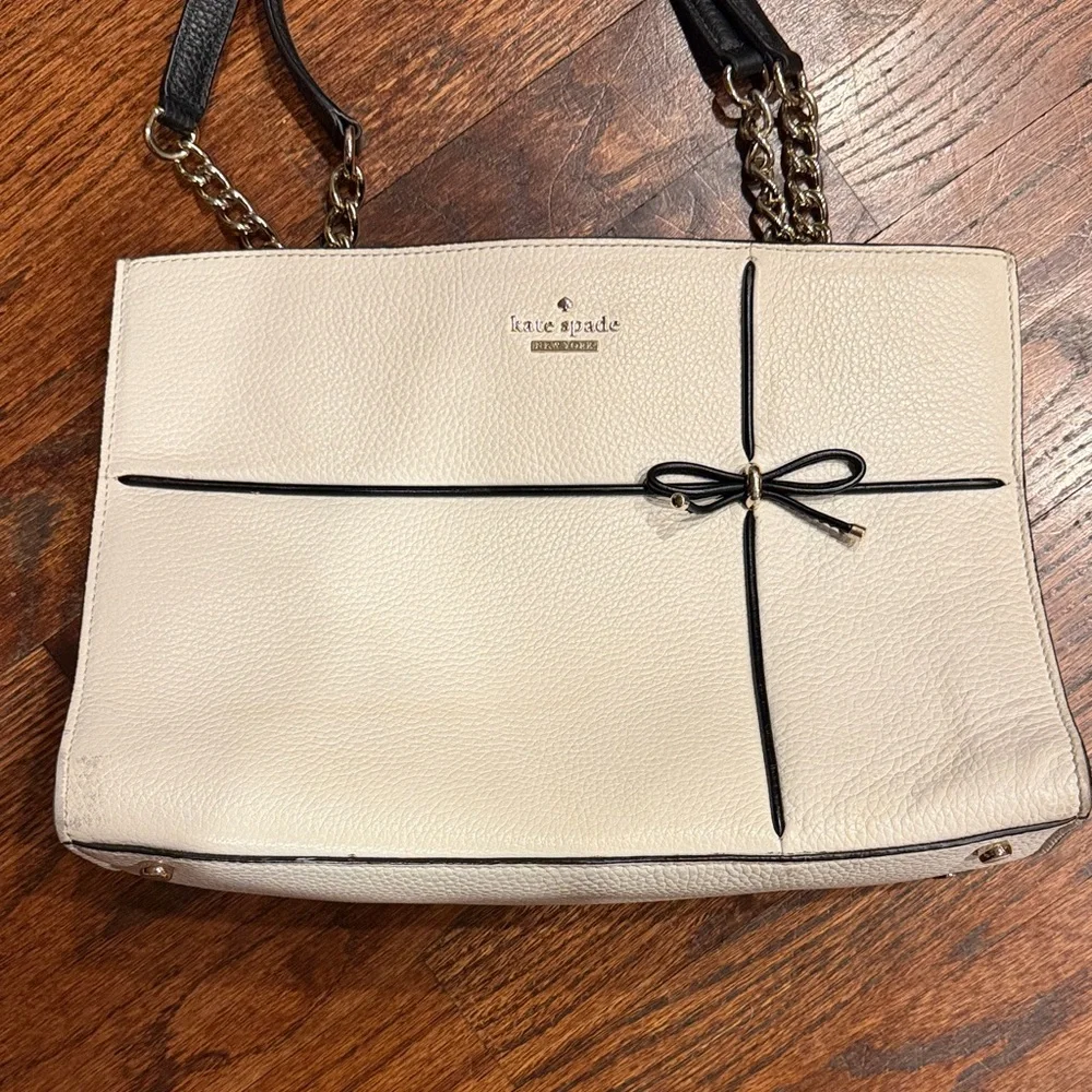 kate spade Cream & Black Leather Shoulder Tote with Gold Chain Straps